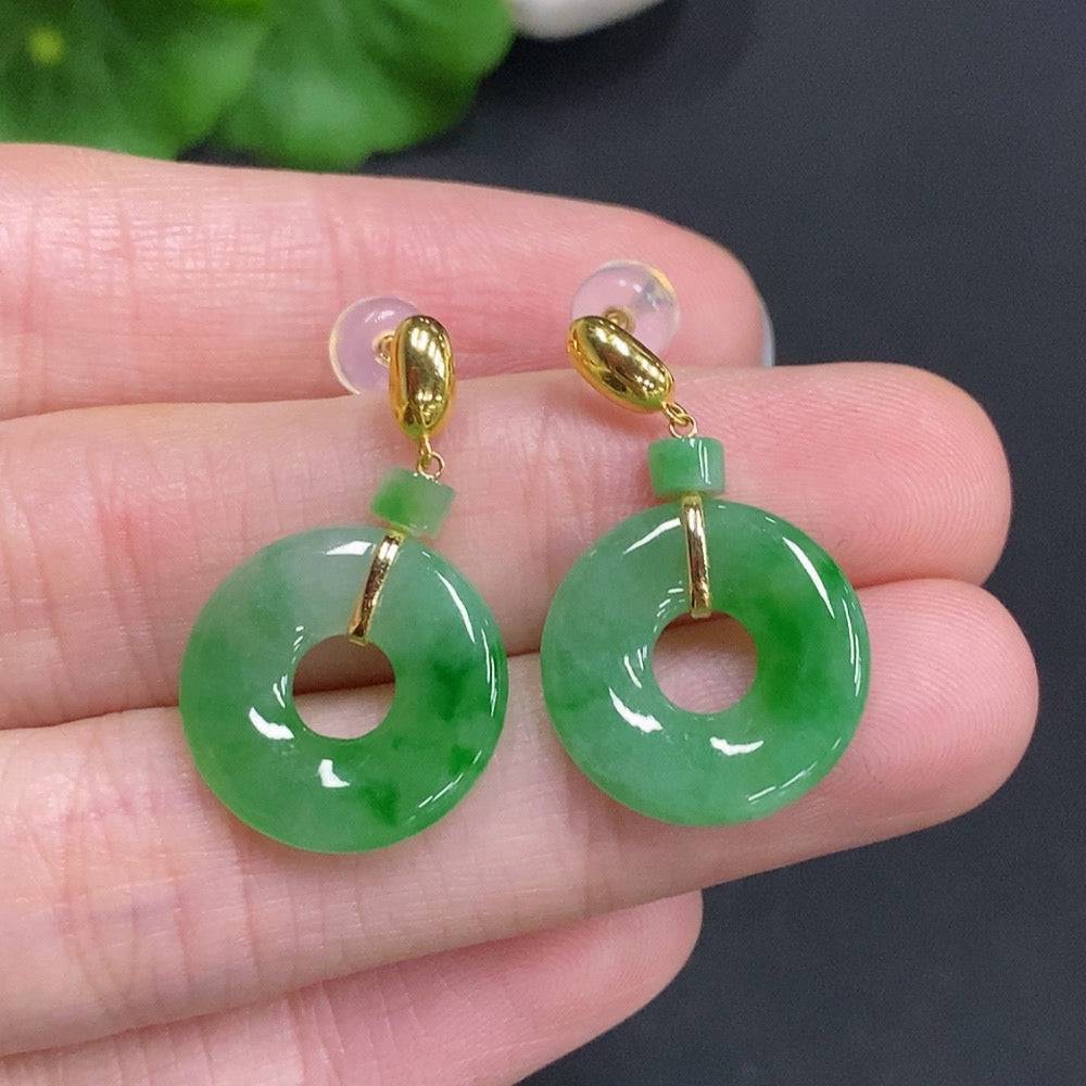 HUILIU HQ jadeite donut inlaid earrings with 18k gold setting, showcasing round jade stones and elegant craftsmanship.
