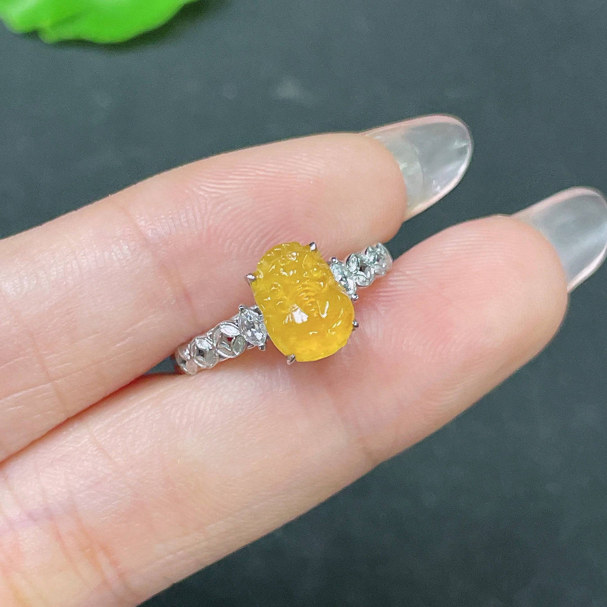 Jadeite ring with 18k gold inlay, diamond accents, size 13, from HUILIU HQ featuring colorful jade and intricate design.