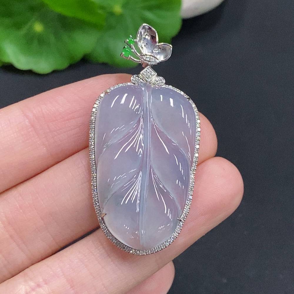 Huiliu Jadeite leaf inlay pendant with diamond accents, crafted from green jade, featuring intricate leaf design and sparkling diamond inlays.