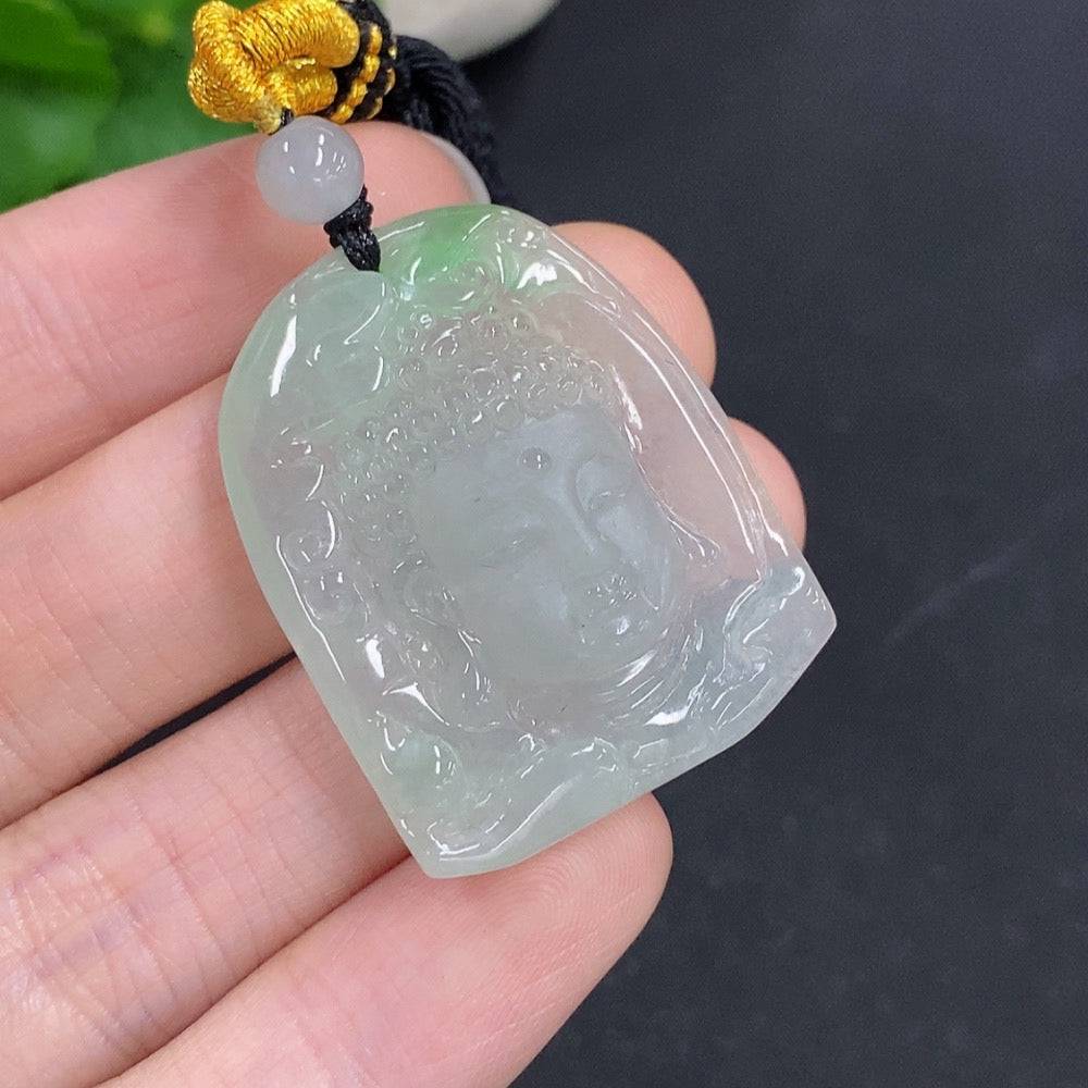 Jadeite Buddha pendant amulet with rope, weighing approximately 14.1g, crafted by HUILIU HQ, featuring detailed Buddha design.