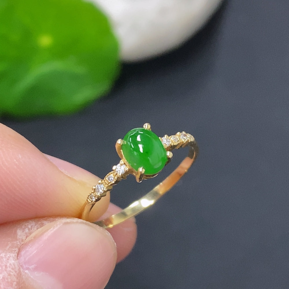 Jadeite Cabochon Inlaid Ring (Au73%) Size 14 Total Weight Approx.1.4g (With Diamond Accents)