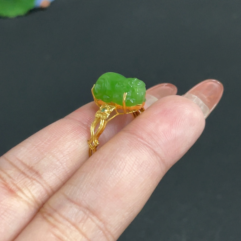Hetian Jade Jasper Inlaid Auspicious Beast Ring . | Huiliu Certified