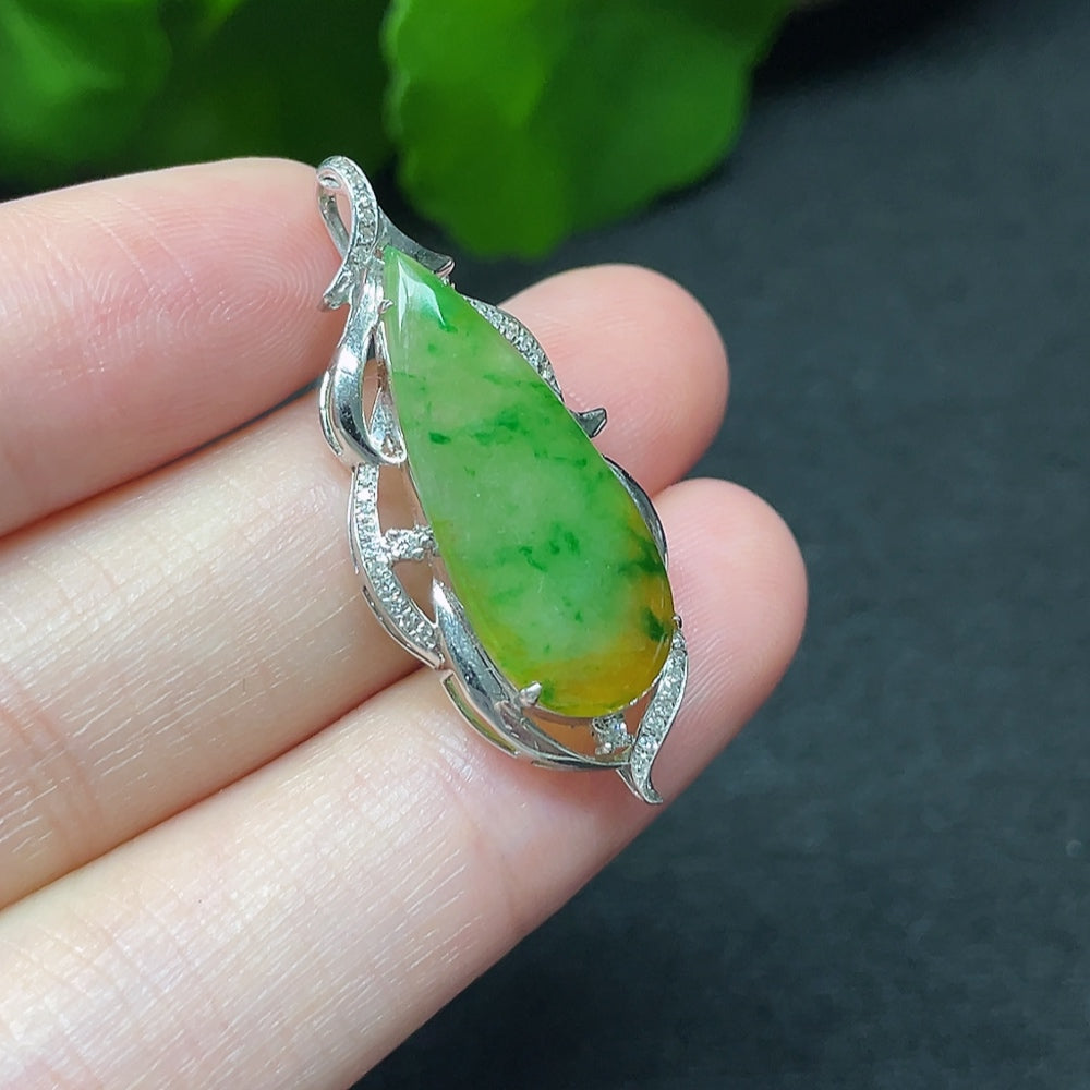 Jadeite teardrop pendant necklace with 18K gold and diamond accents, elegant jewelry piece by HKHQ.