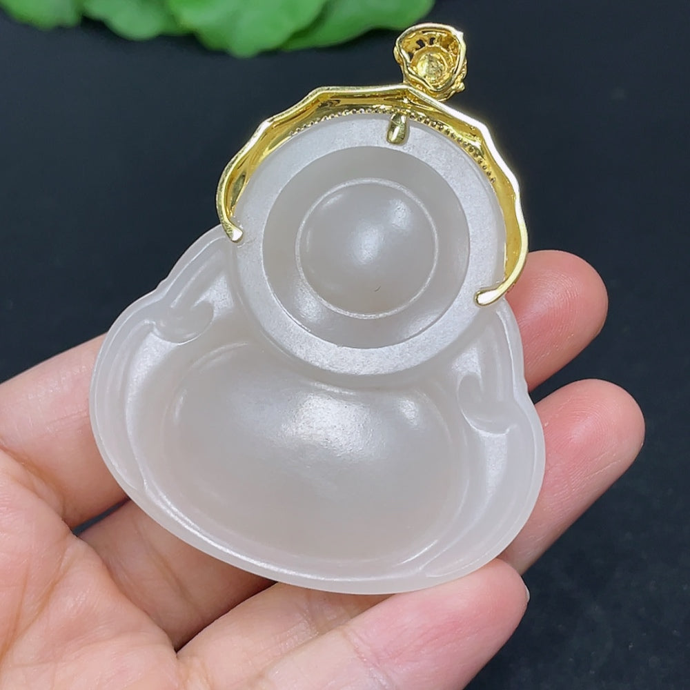 Hetian Jade Pendant, Buddha, 18K Gold Clasp, Total Weight Approx. 39.8g, Non-Hetian Jade Beads, Diamond Accents