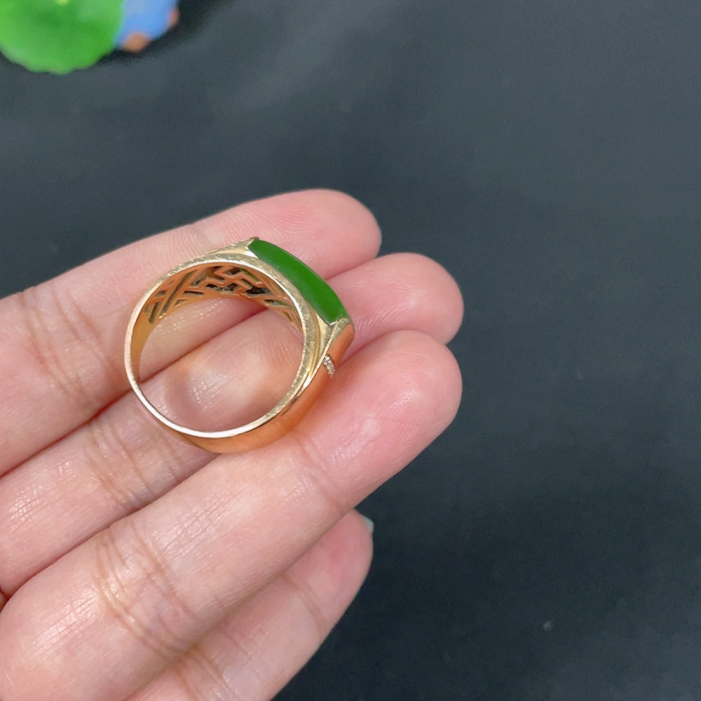 Huiliu HQ Hetian jade jasper inlaid ring with diamond accents, handcrafted jewelry featuring natural jade and intricate design.