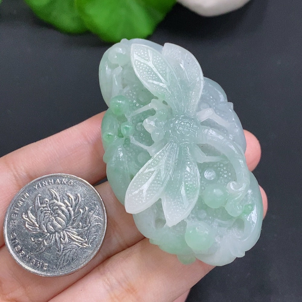 Jadeite Rough Dragonfly Pendant | Huiliu Certified