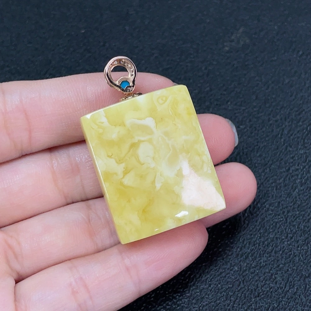 Amber Beeswax Inlaid Pendant 18K Gold Accent Stones Considered Non-Natural Accented with Diamonds
