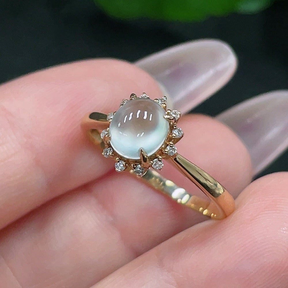 HUILIU HQ jadeite inlaid ring with diamond accents, size 17, 73% gold, weighing approx. 2.4g, featuring intricate jade design.
