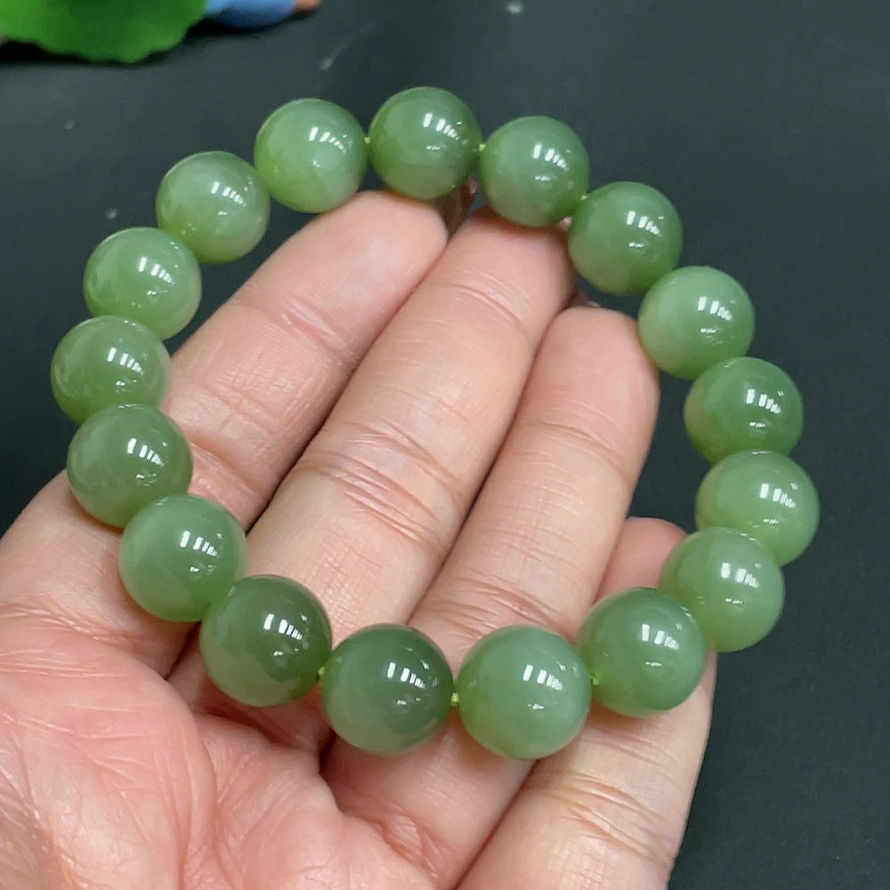 Hetian Jade Bracelet . 11.9mm Beads . | Huiliu Certified