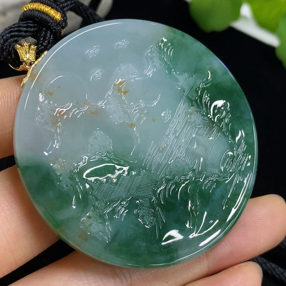 Jadeite landscape pendant by HKHQ featuring 18k non-gold parts, diamond accents, rope design, weighing approximately 45.11g.