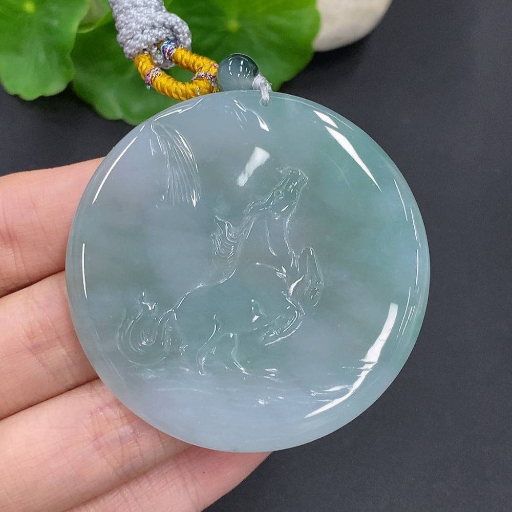 Jadeite Success Horse Pendant with rope, crafted by HUILIU HQ, weighing approximately 43.8g, showcasing smooth green jade carving.