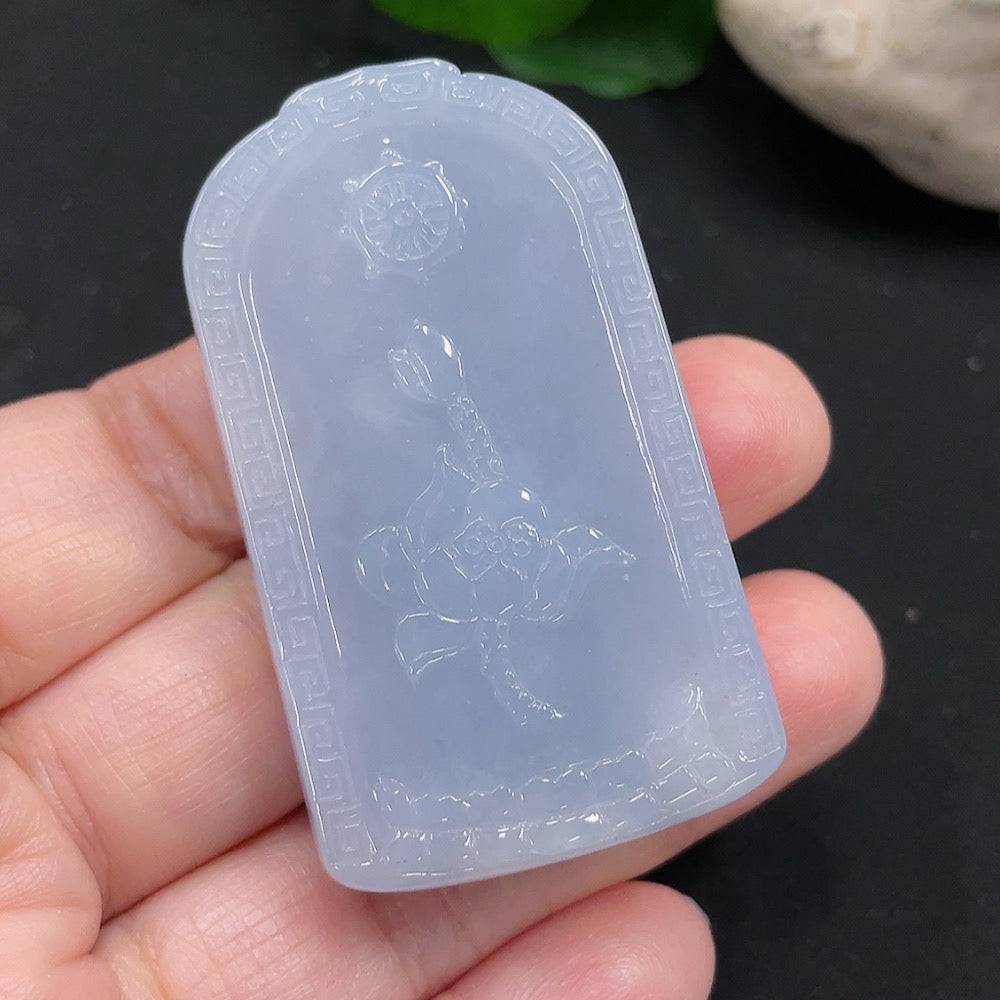 Jadeite Guanyin pendant from HUILIU HQ, detailed carving, weighing approximately 45.2g, showcasing smooth jade with intricate design.