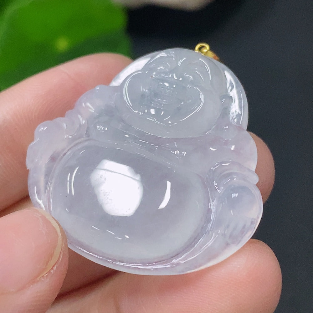 Jadeite Pendant Buddha with 18k Gold and Diamond Accent, Total Weight Approx. 9.42g