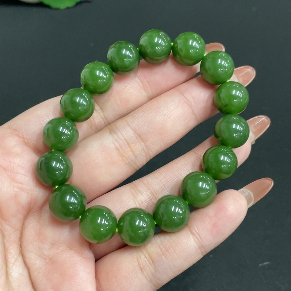 Hetian Jade Jasper bracelet with 11.5mm beads, featuring natural green and brown tones, weight approximately 41.6g.