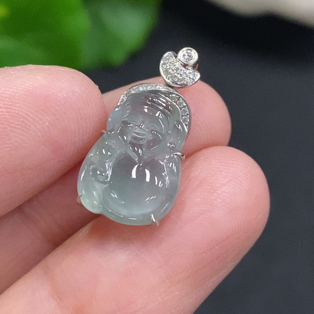 Jadeite Maitreya pendant with inlaid diamonds in 18k gold, showcasing intricate craftsmanship and detailed design.