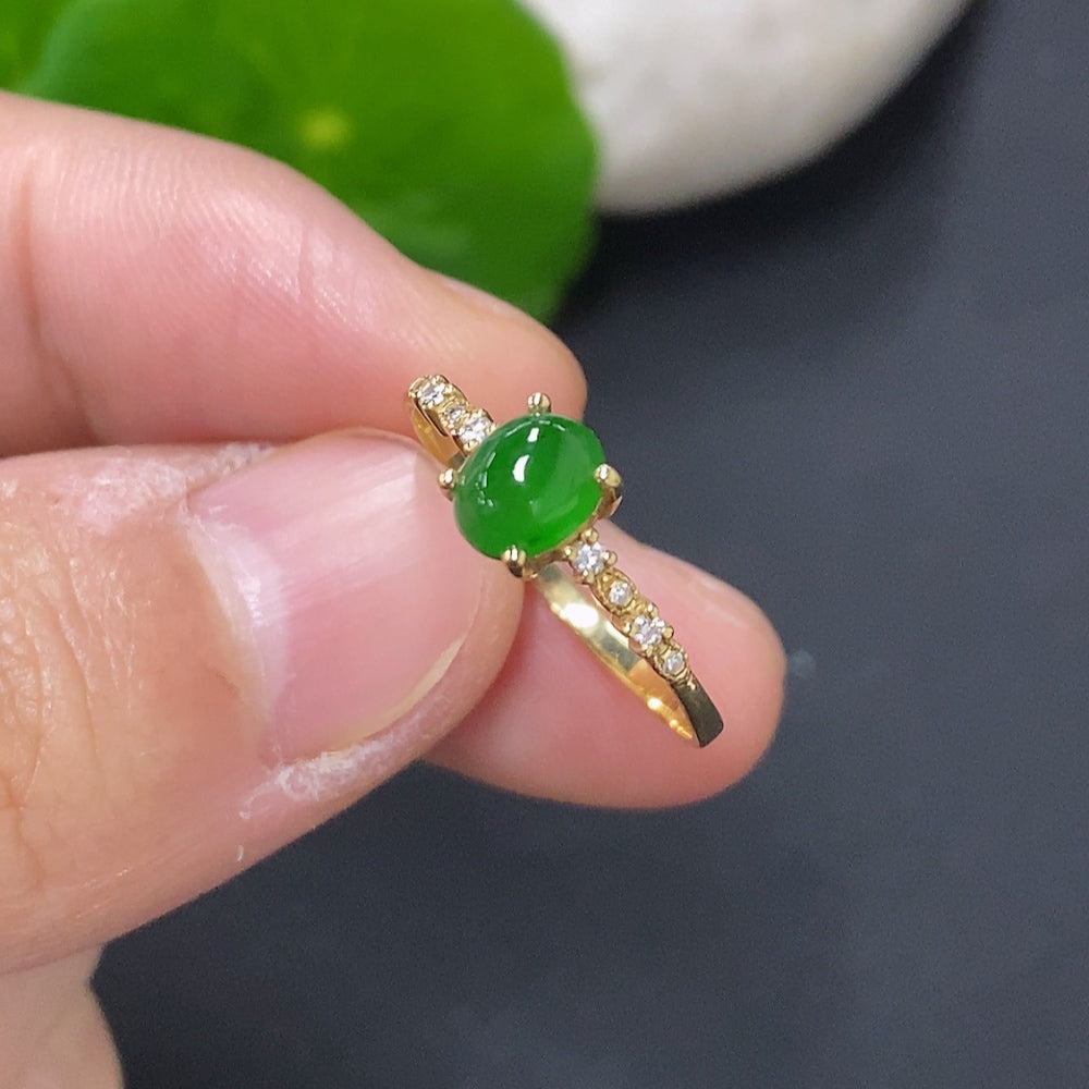 Jadeite Cabochon Inlaid Ring (Au73%) . (With Diamond Accents) | Huiliu Certified