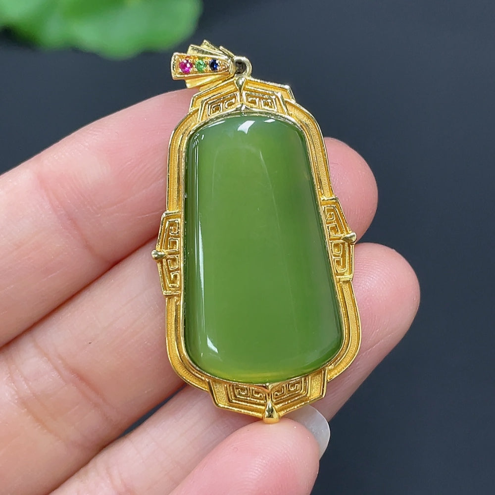 Hetian Jade Jasper Inlaid Plain Pendant . Precious Metal Affects Color | Huiliu Certified