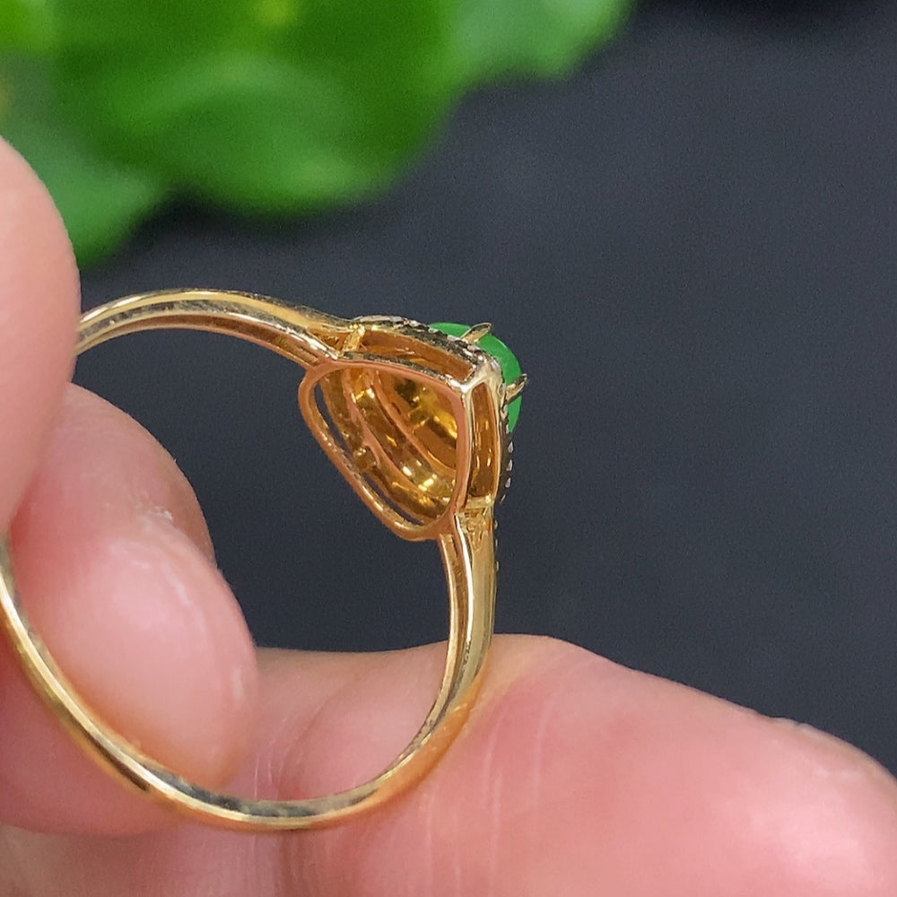 Jadeite ring with 18K gold and diamond accents, size 15, from HUILIU HQ, featuring a polished jade gemstone and intricate gold band.