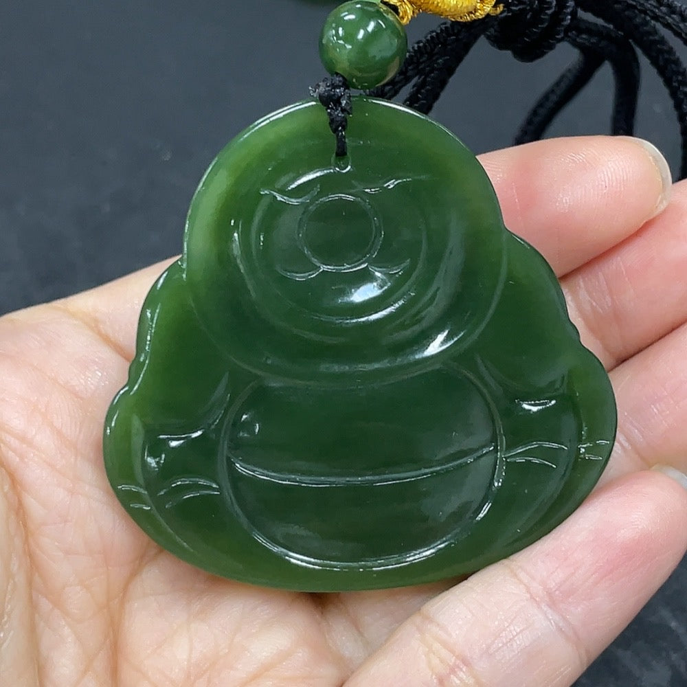 Hetian Jade Jasper pendant featuring a Buddha design, weighs approximately 42.2g including rope, from HKHQ.