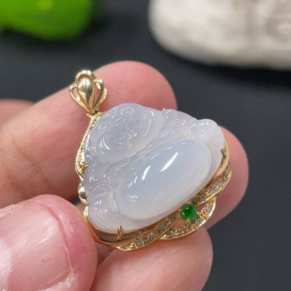 Huiliu Jadeite Buddha pendant with diamond accents, featuring intricate carving and a polished finish, crafted by HUILIU HQ.