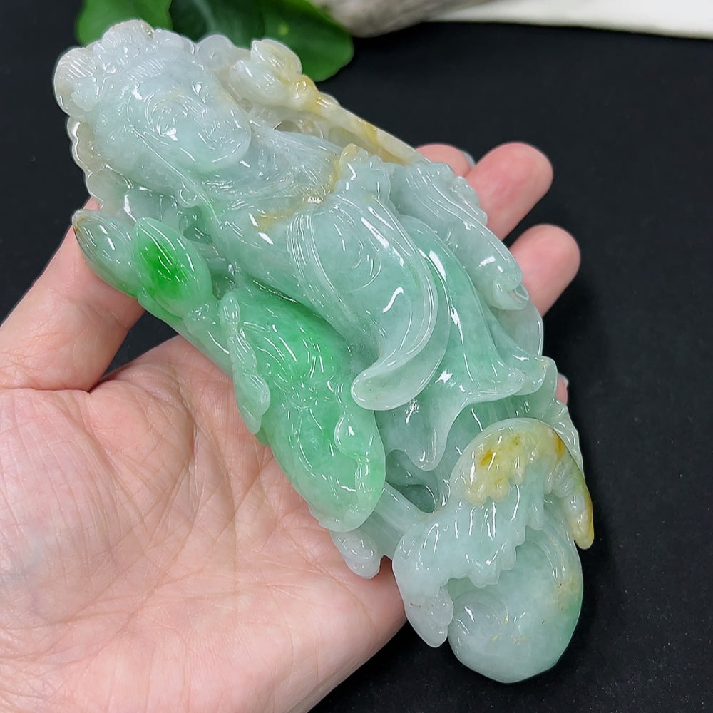 Jadeite He He Xiangu jewelry ornament with intricate design, featuring green jadeite material and detailed craftsmanship.