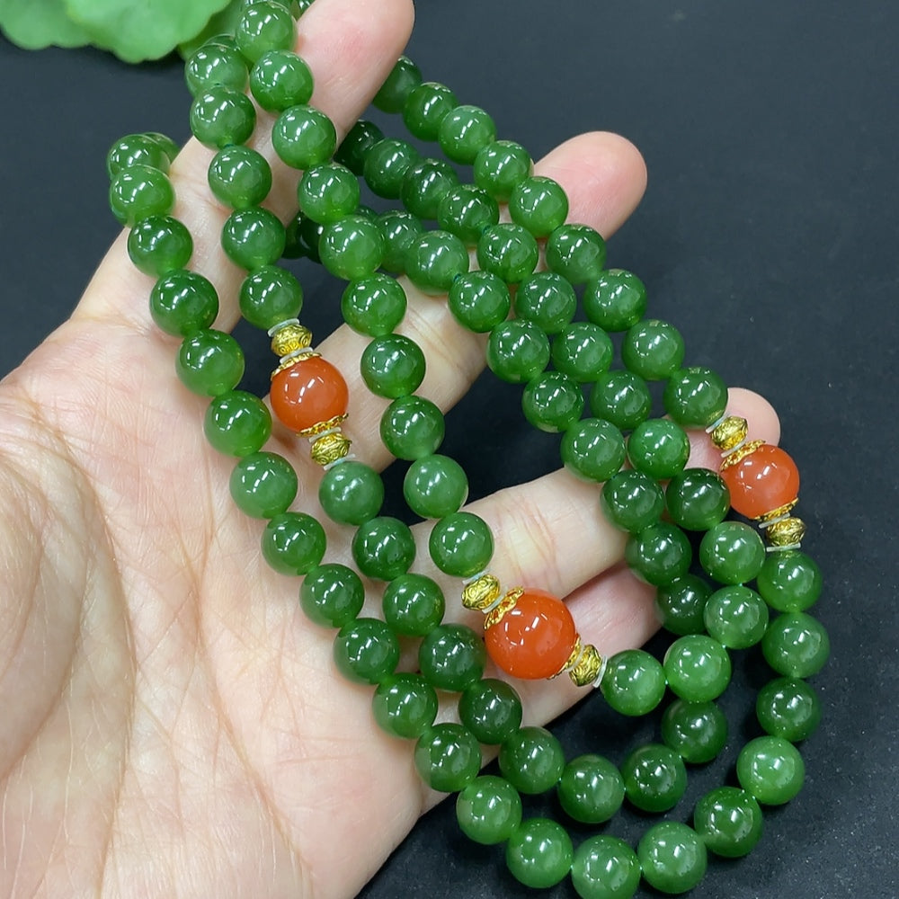 Green Hetian Jade Bead Necklace, Non-Gold, With Southern Red Agate