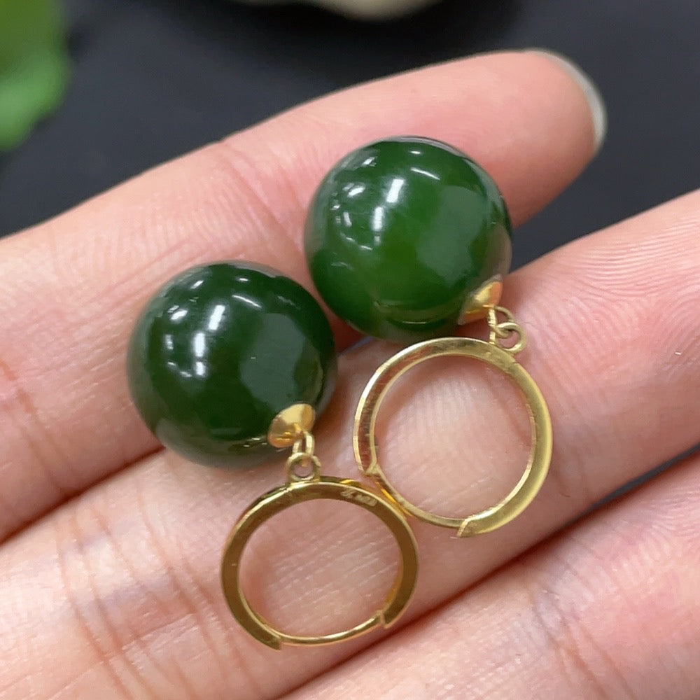 Huiliu HQ Hetian jade inlaid earrings, 11.7mm, featuring polished jade stones set in elegant metal settings.