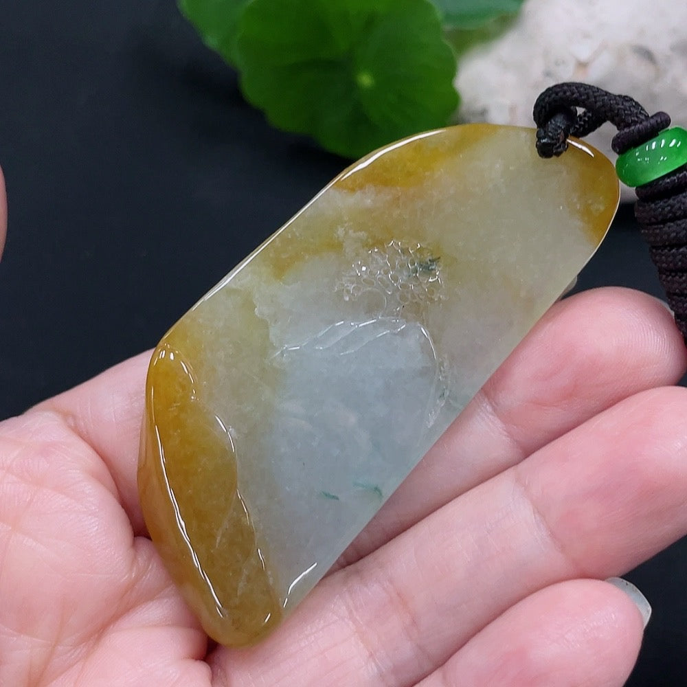 Jadeite landscape plaque pendant, total weight approx. 34.4g (including cord weight) (color origin undetermined)