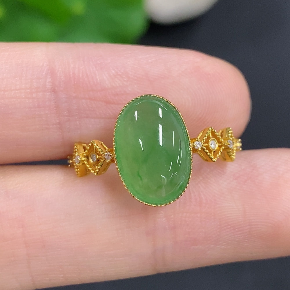 Jadeite Cabochon Solitaire Ring 18K Gold (With Diamond Accents)