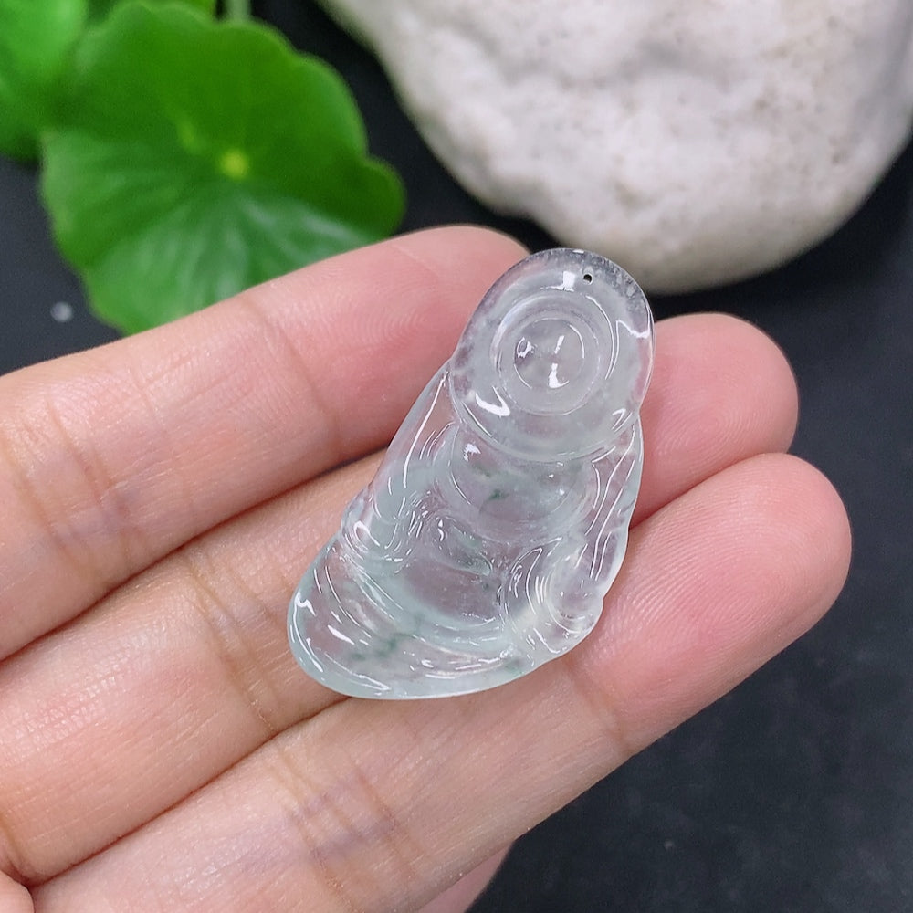 Jadeite Smiling Buddha pendant necklace from HKHQ, featuring a detailed carved smiling Buddha in green jadeite stone.