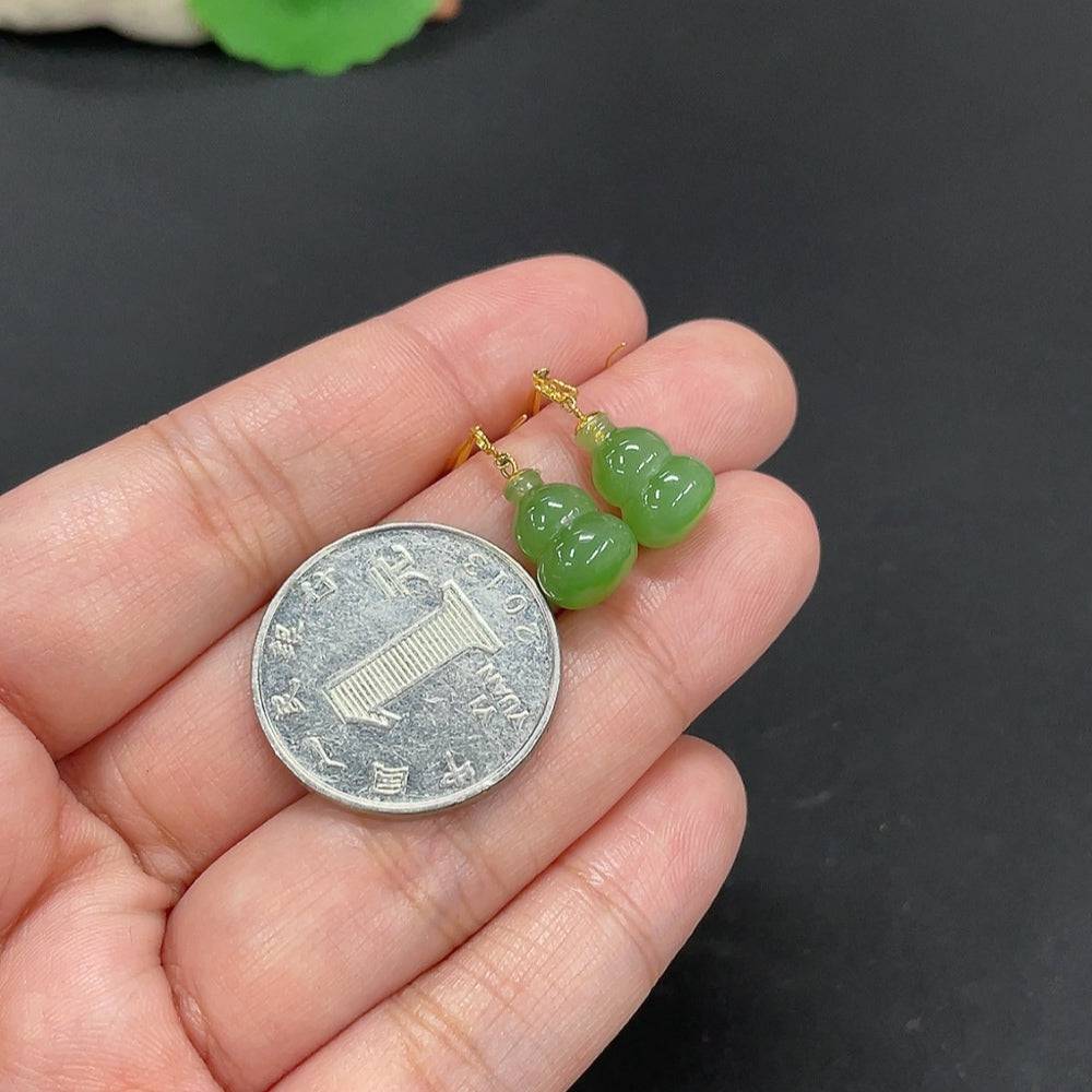 Huiliu certified Hetian jade inlaid earrings featuring gourd-shaped design with no stamp content, showcasing intricate craftsmanship.