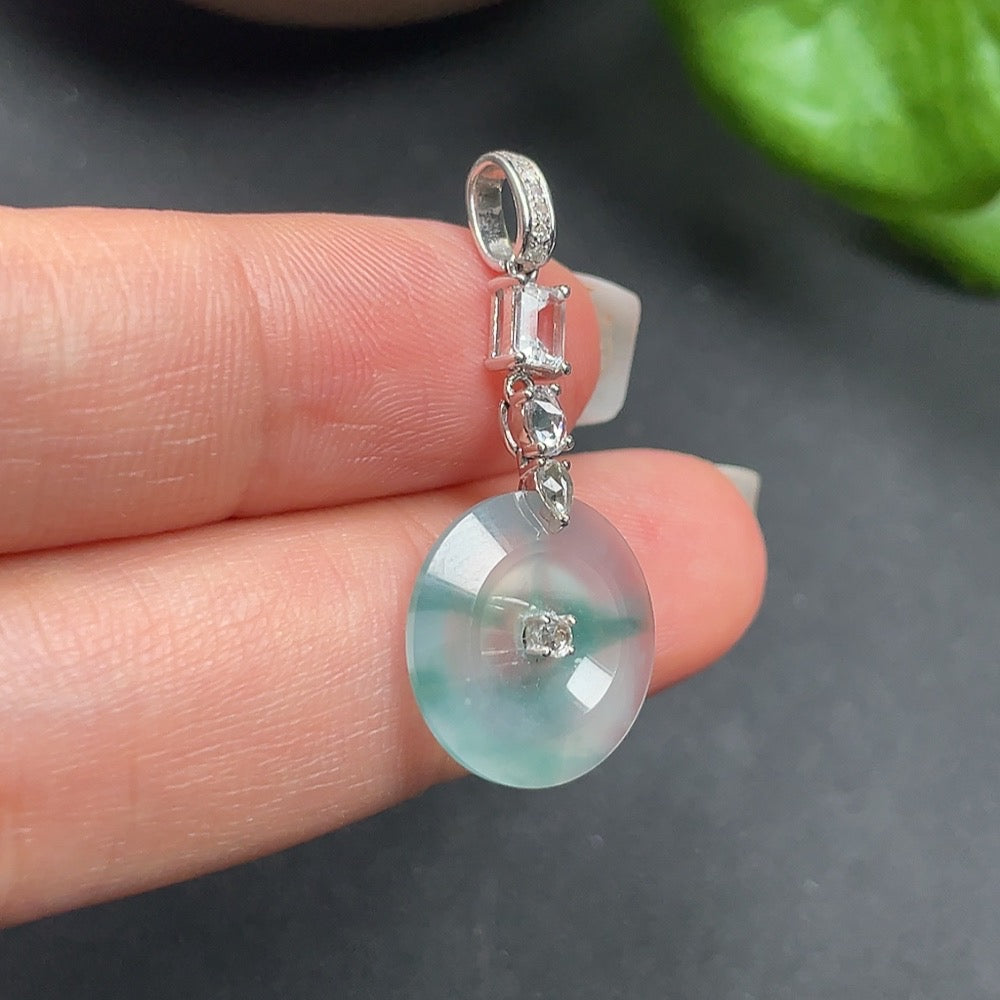 Jadeite inlaid pendant with diamonds (the top clasp is set with real diamonds, the rest large stones are non-diamond) 18k