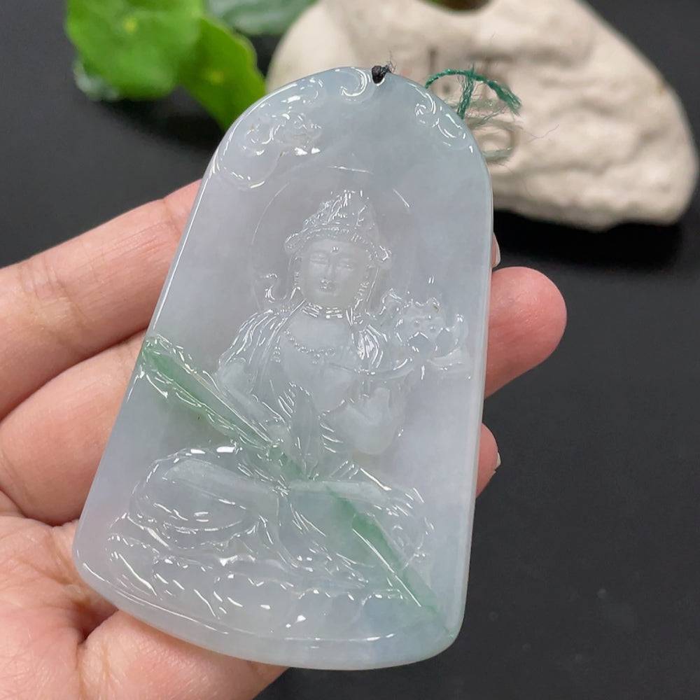 Jadeite Guanyin pendant from HUILIU HQ, intricately carved jade jewelry weighing approximately 51.47g, featuring detailed religious iconography.