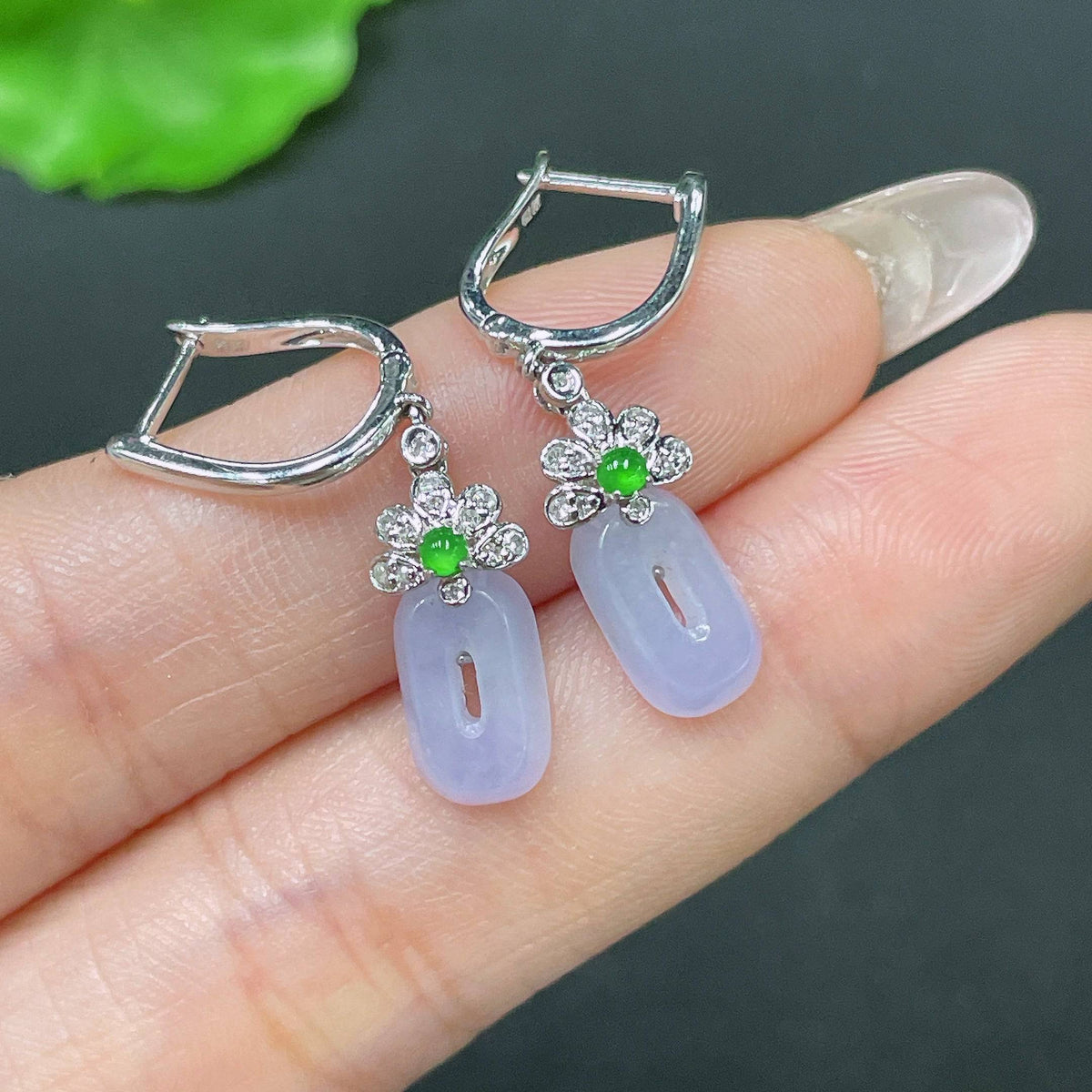 Huiliu jadeite earrings with diamond accents, no hallmark, tested jade, crafted by HUILIU HQ, elegant jewelry for women