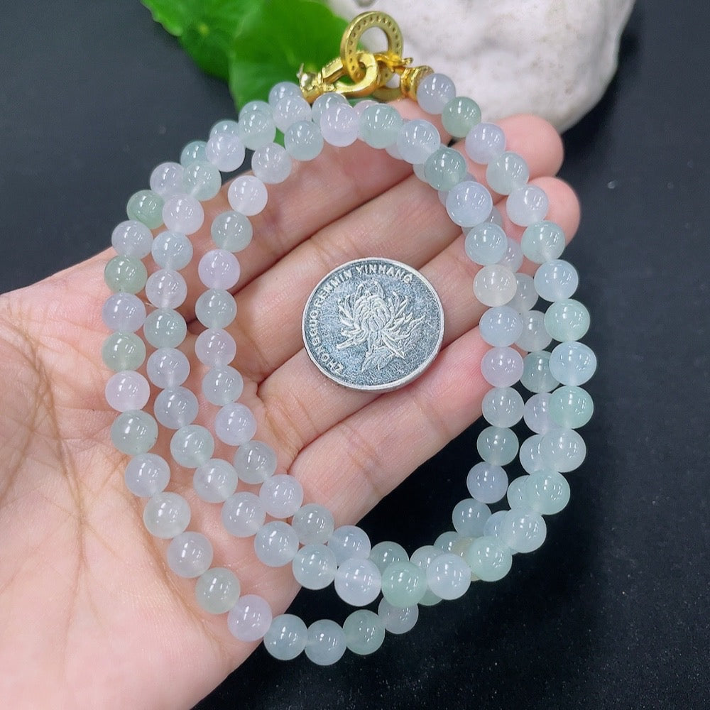 HKHQ jadeite bead necklace with natural green beads, non-gold, 44.94g, showcasing a close-up of the beaded jewelry.
