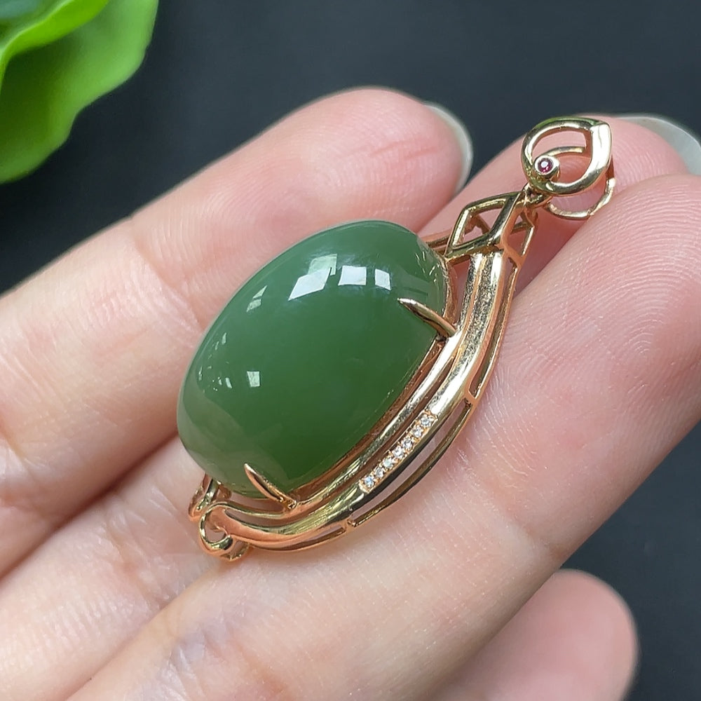 Hetian Jade inlaid cabochon pendant, 18K gold with diamond accents