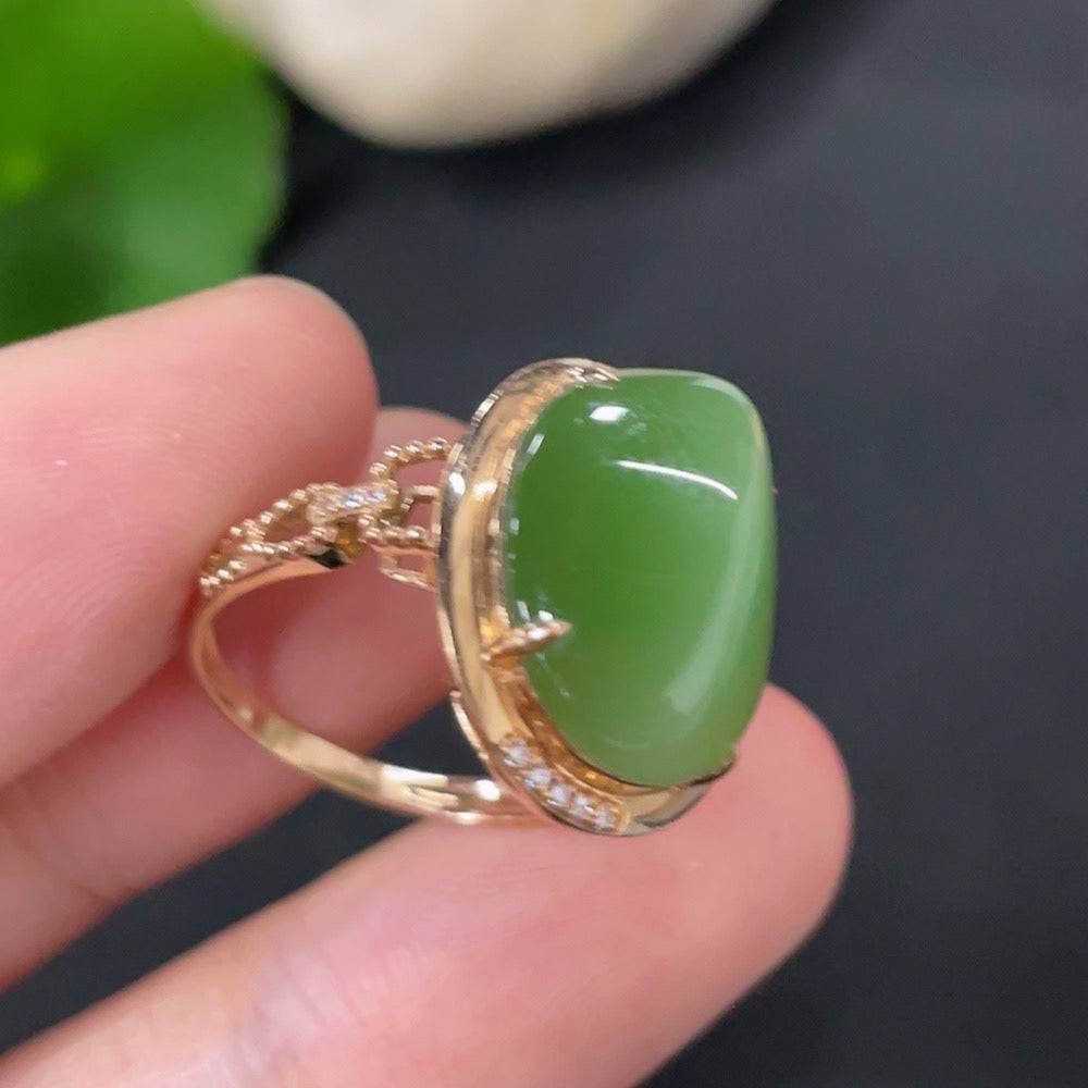Hetian Jade Jasper inlaid ring with 18k gold band, size 14, tested non-diamond, weight 3.1g, crafted by HUILIU HQ.