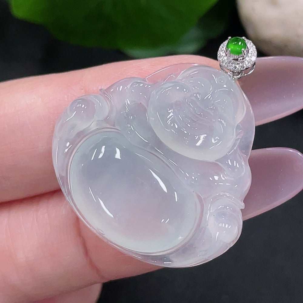 Huiliu Jadeite Buddha pendant with diamond accents, crafted from green jade, featuring intricate Buddha design and polished finish.