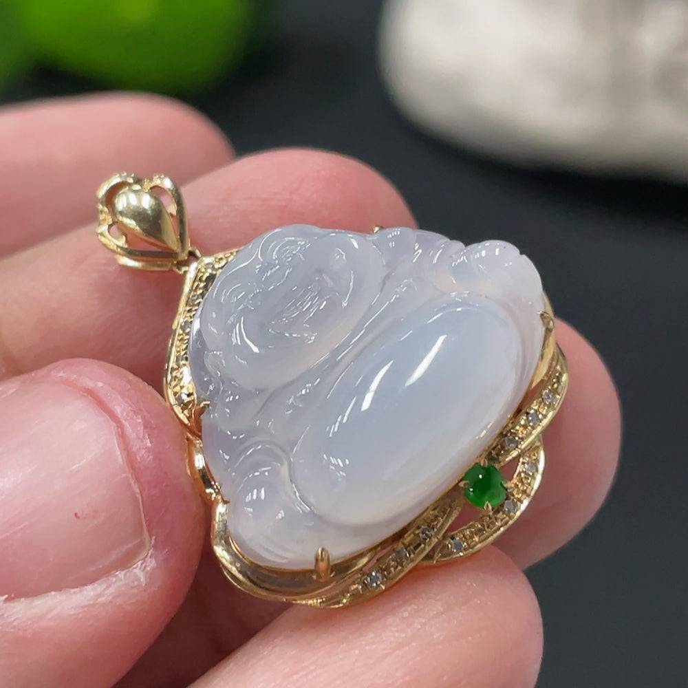 Huiliu Jadeite Buddha pendant with diamond accents, featuring intricate carving and polished jade surface on a cord necklace.