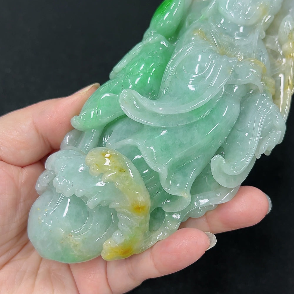 Jadeite He He Xiangu jewelry ornament with intricate carvings, featuring traditional Chinese design and vibrant green jadeite stone.