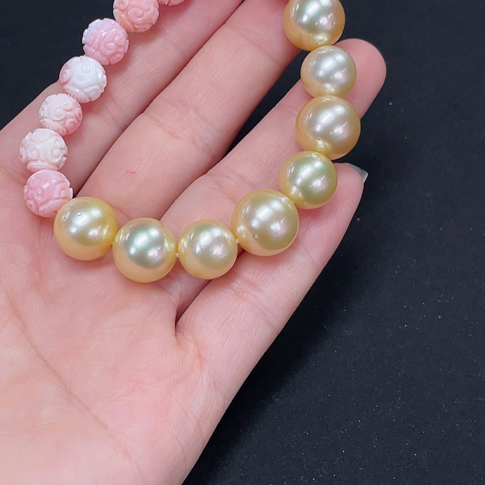 HKHQ seawater pearl bracelet with yellow pearls, 10-11.8mm, natural stones, 24.15g, elegant jewelry for various occasions