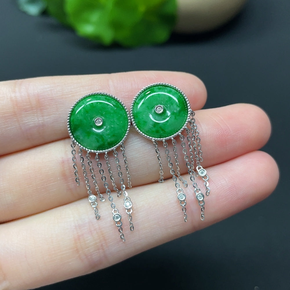 HKHQ Jadeite safety buckle inlaid earrings with diamonds, 18k gold, showcasing intricate mineral inlay and elegant design.