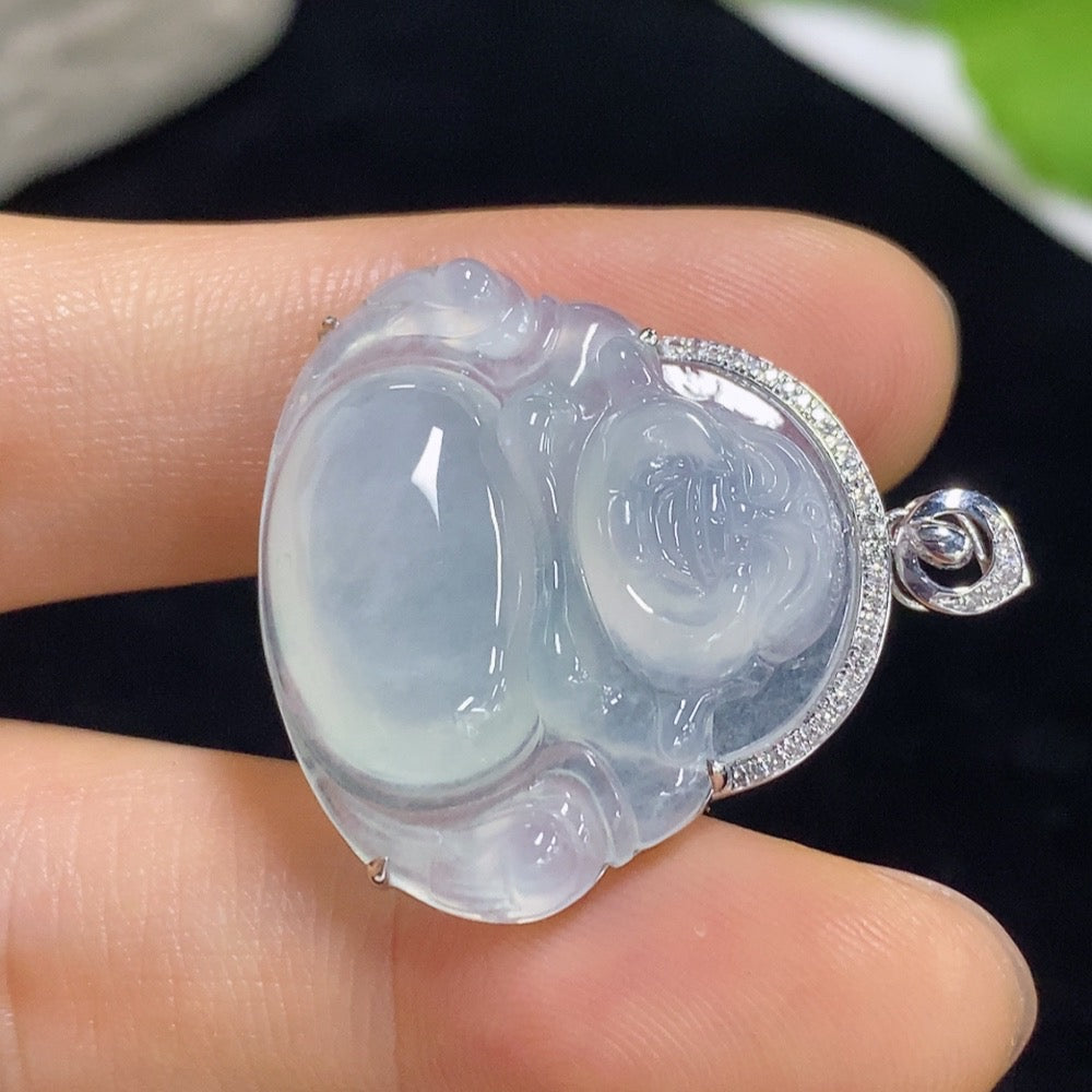 Jadeite Pendant Buddha with 18K Gold and Diamond Accents, Total Weight Approximately 5.4g