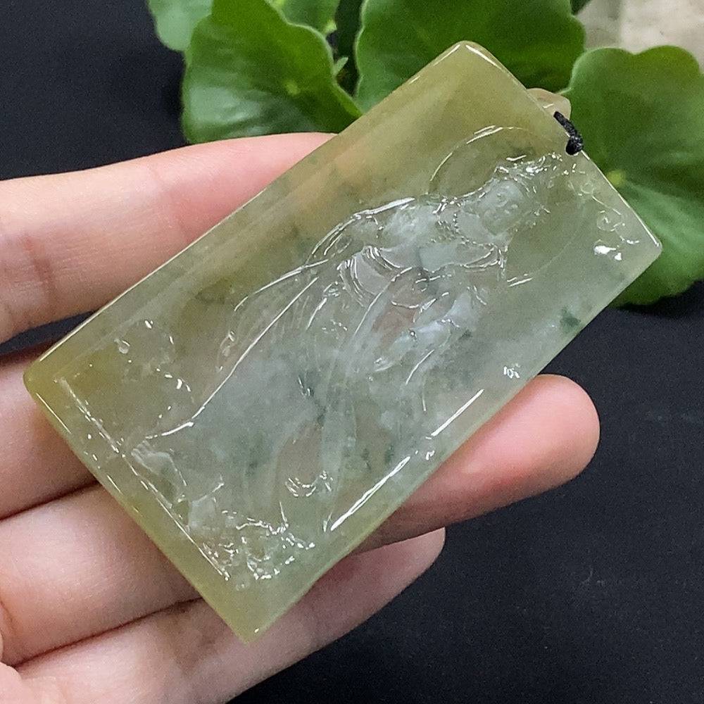 Jadeite Guanyin pendant weighing approximately 38g, crafted from green jade, featuring detailed religious iconography.