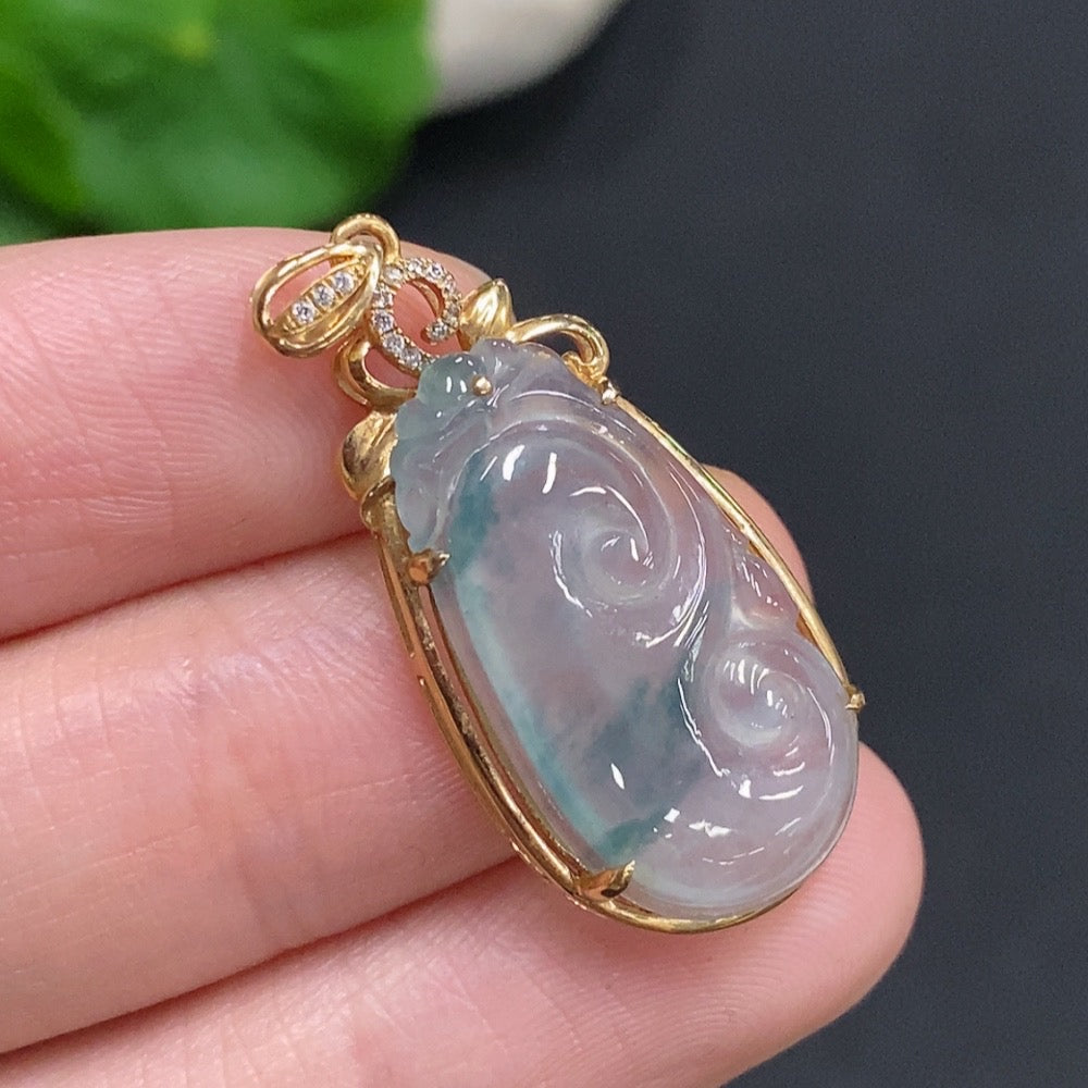 Huiliu Jadeite Ruyi pendant, intricately carved jade jewelry with Huiliu certification, showcasing detailed craftsmanship and smooth surface.