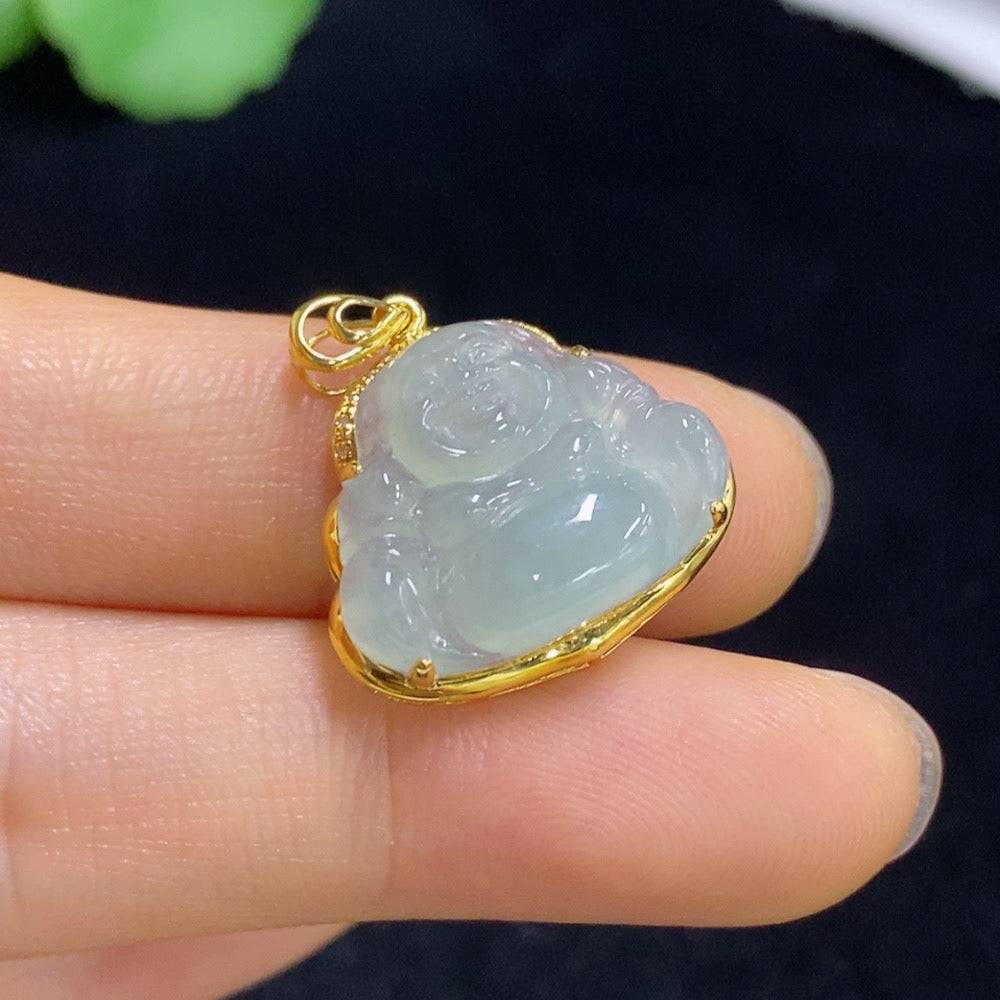 Jadeite Buddha pendant with intricate inlay, crafted by HUILIU HQ, showcasing a detailed jade Buddha figure.