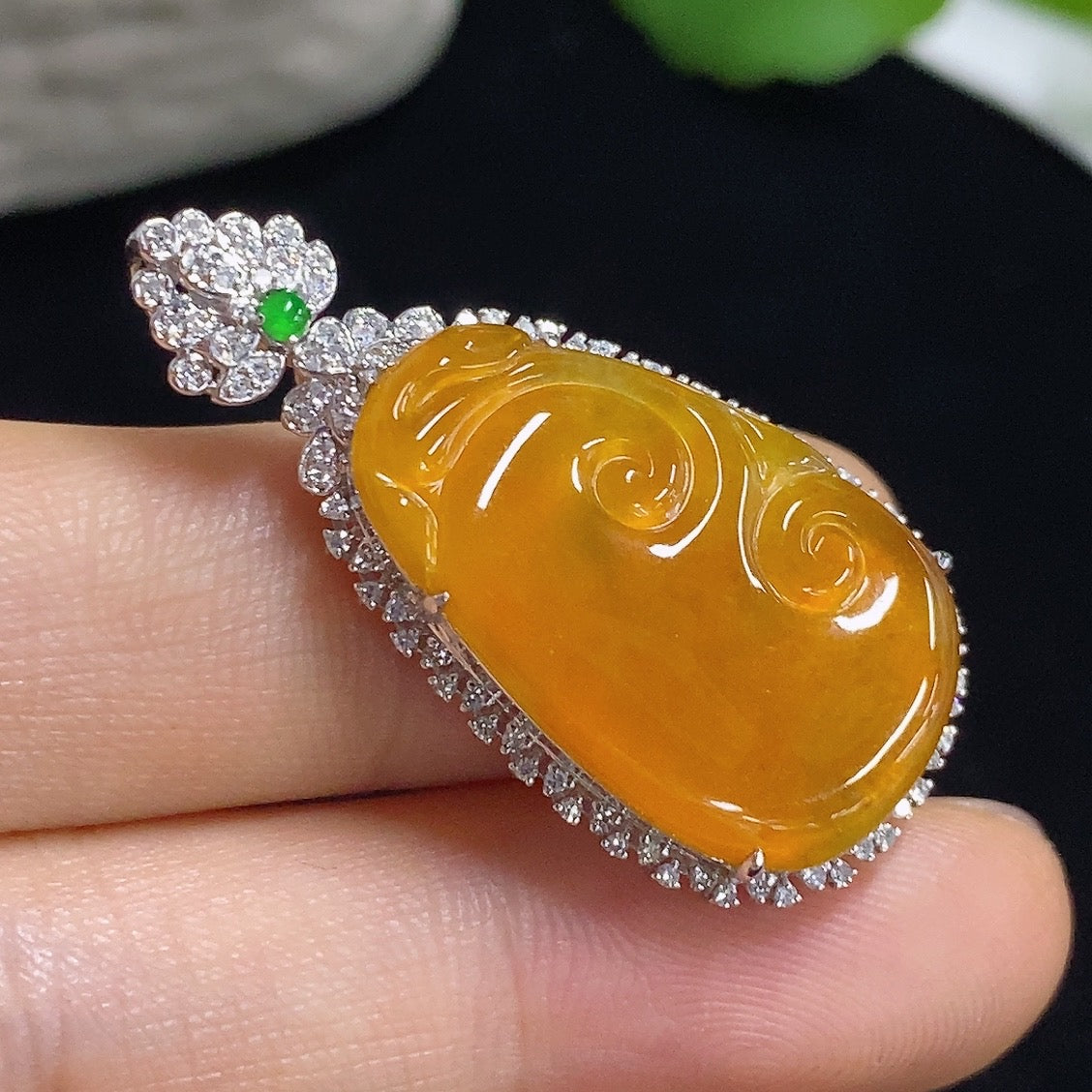 Jadeite Ruyi Inlaid Pendant with 18K Gold and Diamond Accents, Color Origin Undetermined