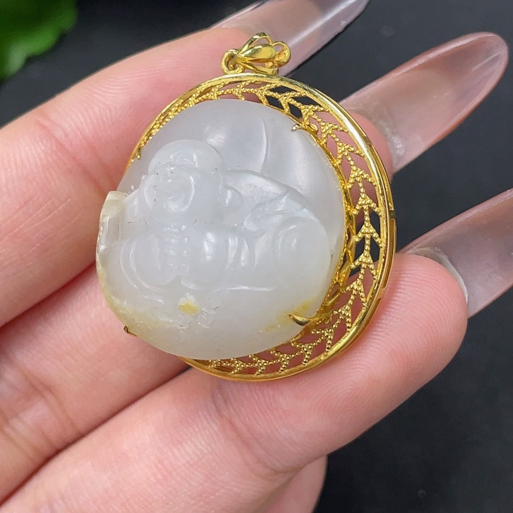 Hetian Jade Pendant - Buddha Figure, Undetermined Skin Color Origin, Contains Other Mineral Components, Total Weight Approximately 11.3g