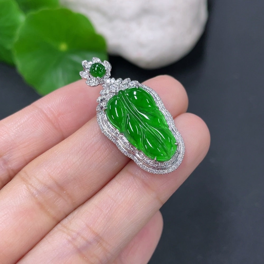 Jadeite Leaf Pendant with and Diamond Accents, . | Huiliu Certified