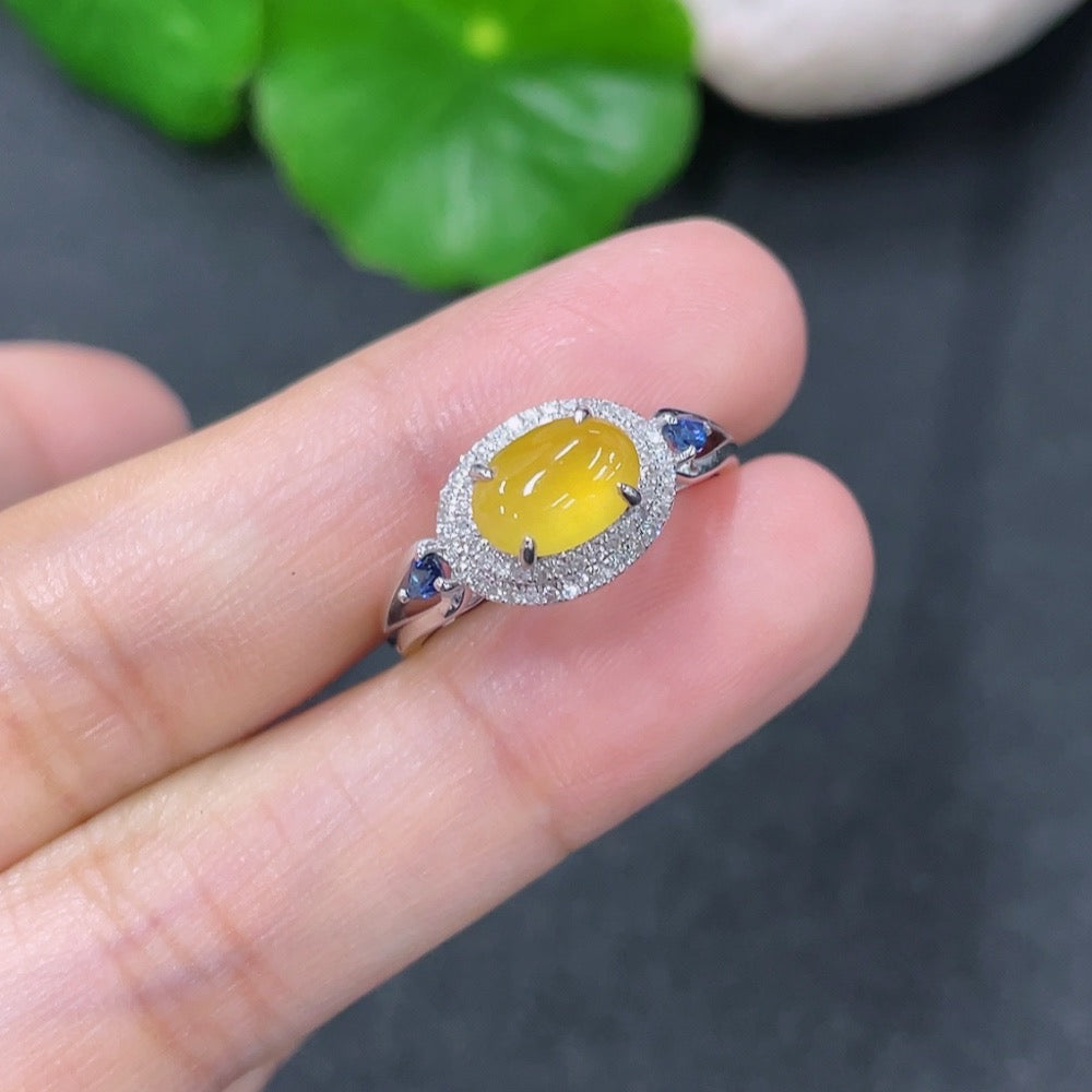 Jadeite inlaid ring with 18k gold and colorless diamonds, size 13, featuring intricate jade design and polished finish.
